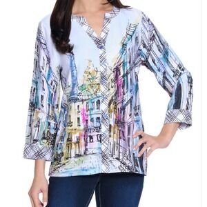 Ali Miles 2X Paris French White Blue‎ City Print Blouse Tunic Top NWT